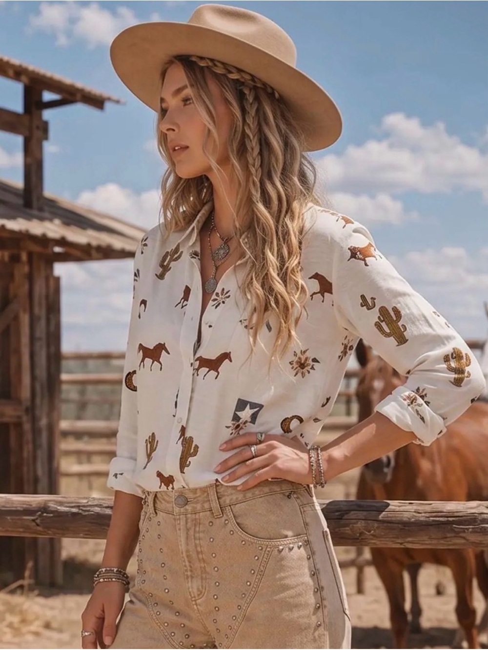 NWT BONA Cream Western-Print Button-Down Lightweight Long Sleeve Top